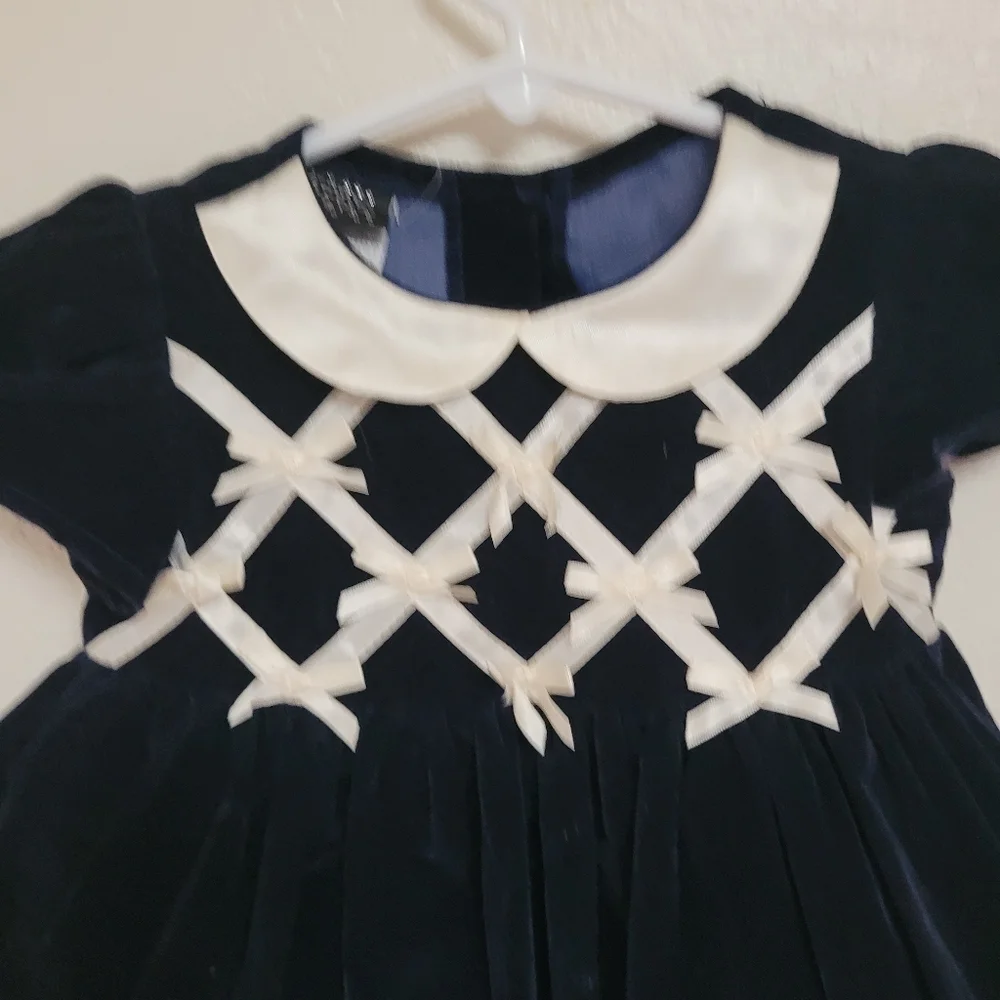 Vintage Jenny Annie Dots Navy Velvet Baby Dress with White Accents